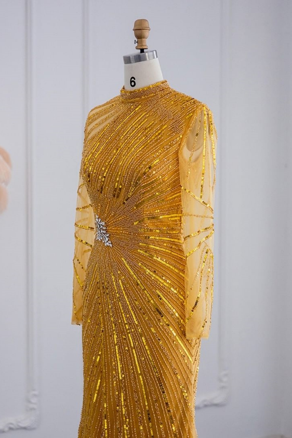 Bmbridal Yellow Floor-Length Long Sleeves High Neck Tulle Prom Dresses with Beadings
