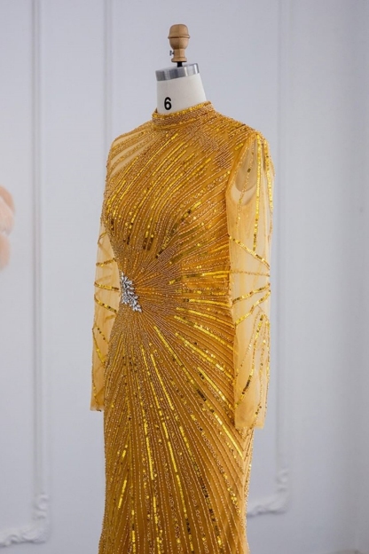 Bmbridal Yellow Floor-Length Long Sleeves High Neck Tulle Prom Dresses with Beadings