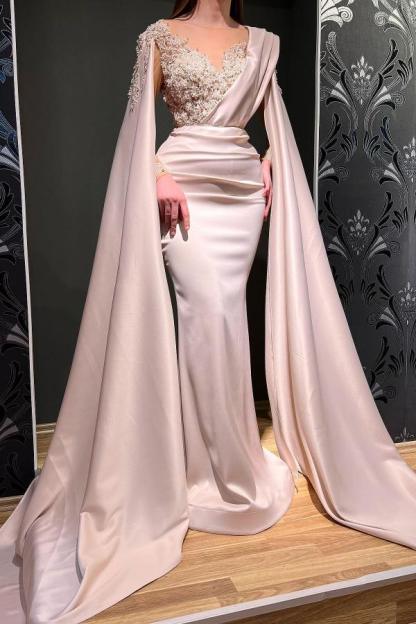 Bmbridal Rust Long Sleeves Mermaid Prom Dress Appliques Beads With Cape