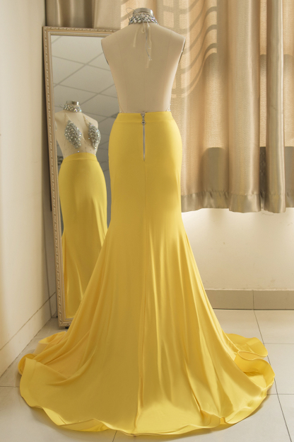 BMbridal Sexy Yellow Halter Backless Prom Dress Long Mermaid With Crystals