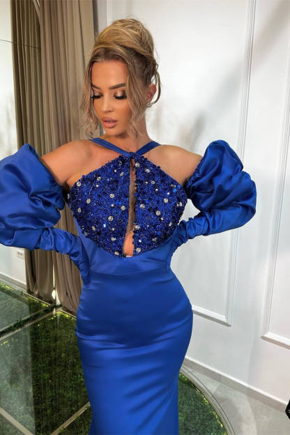 Elegant Mermaid Halter Long Sleeve Rhinestone Satin Blue Prom Dresses