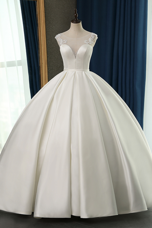 BMbridal Chic Satin Ball Gown Jewel Wedding Dress Sleeveless Appliques Ruffles Bridal Gowns On Sale