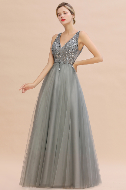 BMbridal Glamorous V-Neck Sleeveless Prom Dress Long Tulle Evening Gowns With Crystals