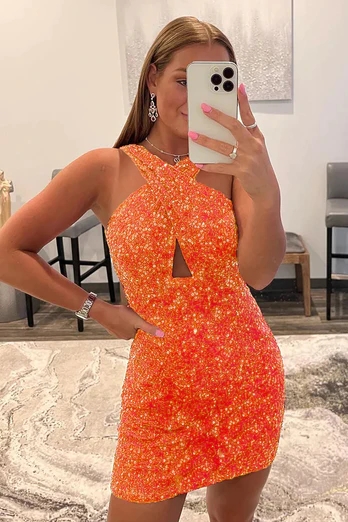 Glitter Orange Halter Backless Sequins Tight Homecoming Dress-BMbridal