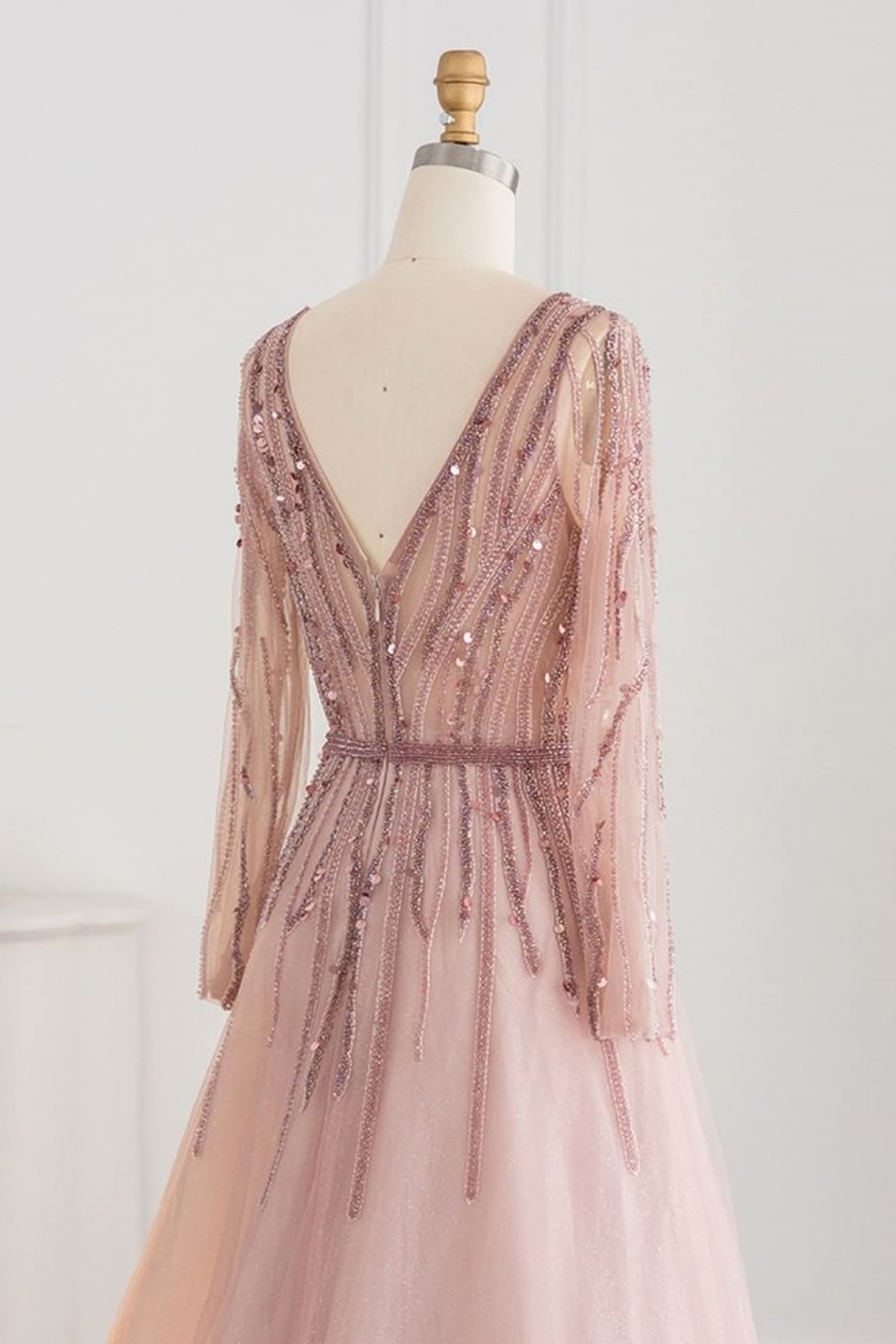 Bmbridal Champagne A-Line Long Sleeves V-Neck Prom Dresses with Appliques