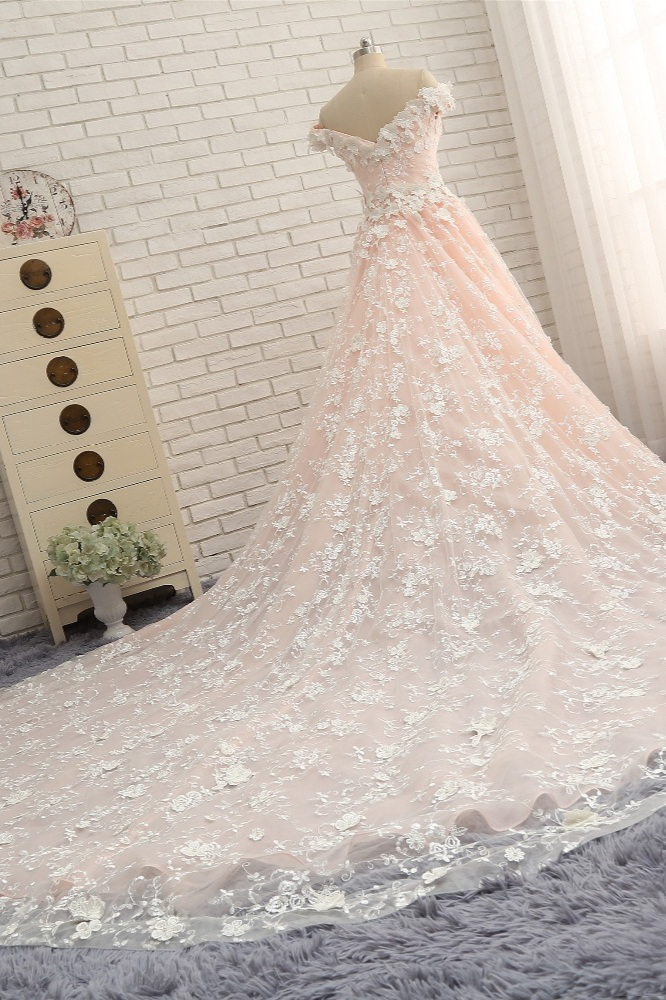BMbridal Chic Off-the-shoulder Pink A-line Wedding Dresses With Appliques V-neck Lace Bridal Gowns Online-BMbridal