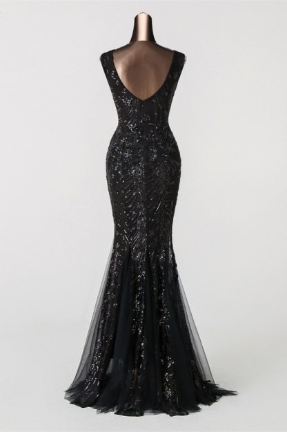 BMbridal Luxury Tulle V-Neck Sleeveless Mermaid Prom Dress with Sequins