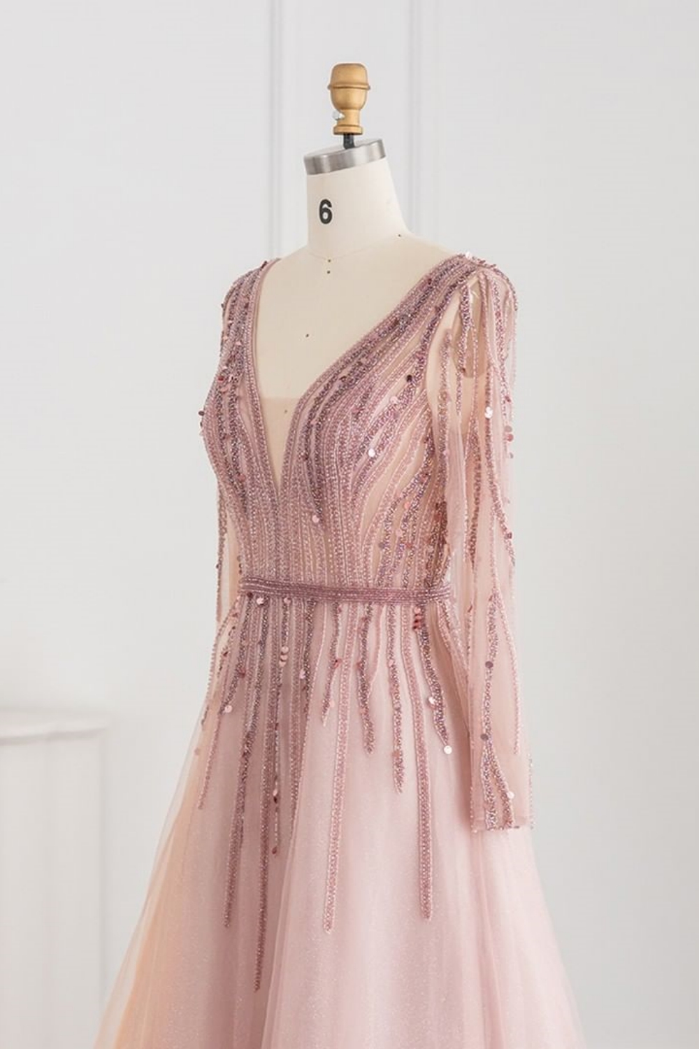 Bmbridal Champagne A-Line Long Sleeves V-Neck Prom Dresses with Appliques