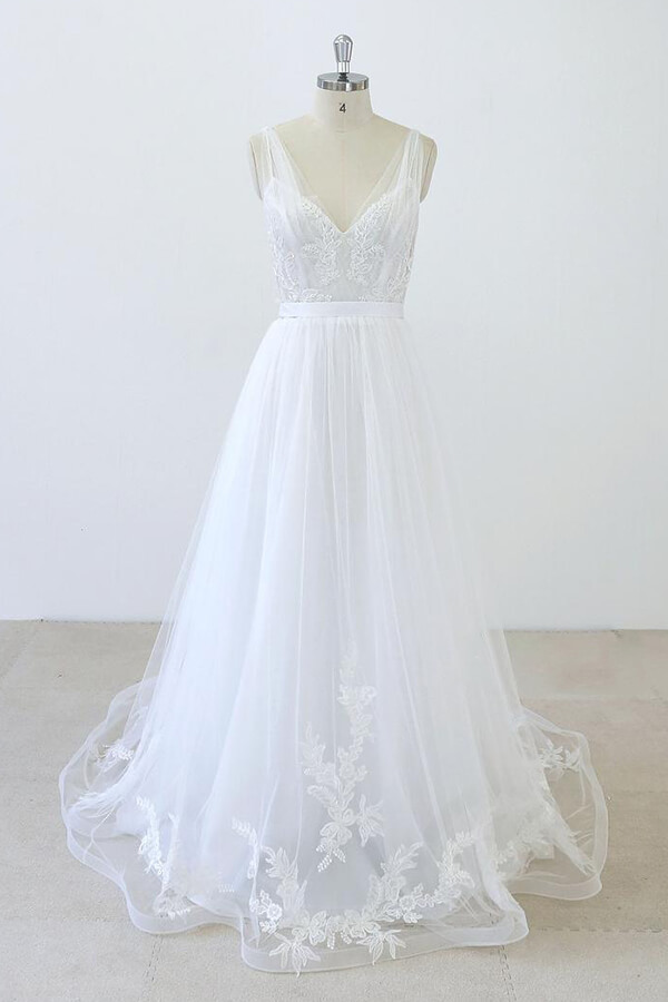 BMbridal V-neck Ruffle Applqiues Tulle A-line Wedding Dress On Sale-BMbridal