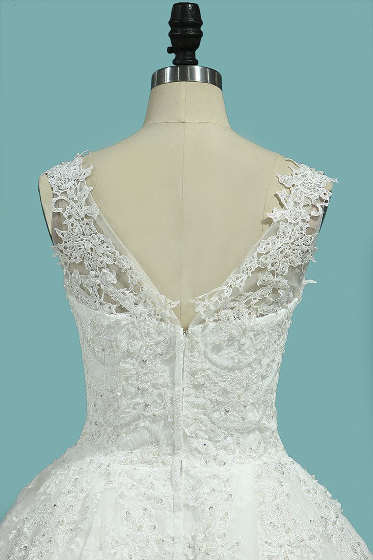 BMbridal Glamorous Jewe Tull Lace Wedding Dress Appliques Sleeveless Beadings Bridal Gowns Online-BMbridal