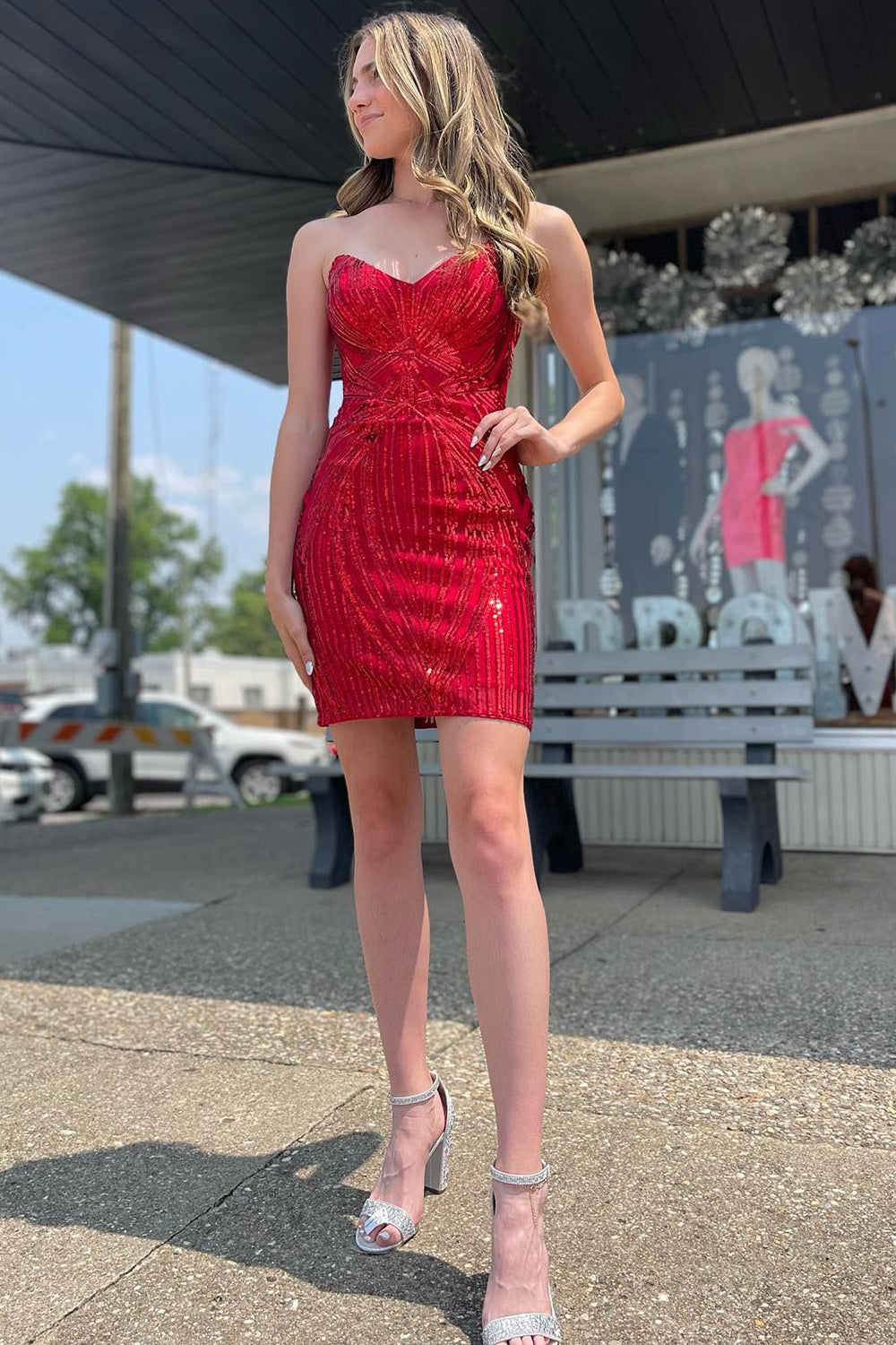 Sparkly Red Sweetheart Lace-Up Back Tight Short Homecoming Dress-BMbridal