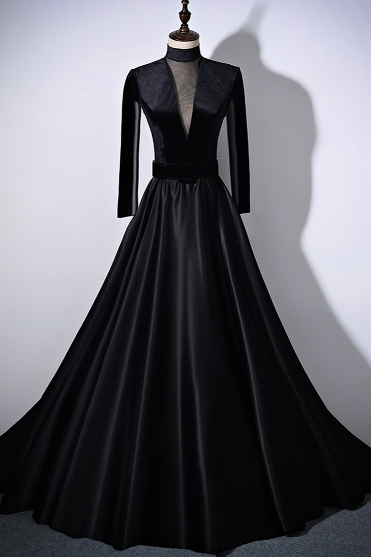 BMbridal Chic V-Neck Ruffles Black A-Line Prom Dresses Long Sleeves Evening Dresses with Sash