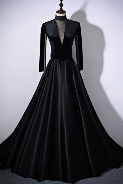 BMbridal Chic V-Neck Ruffles Black A-Line Prom Dresses Long Sleeves Evening Dresses with Sash