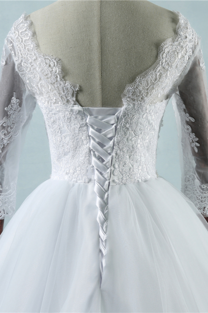 BMbridal Elegant Jewel Tulle Lace Wedding Dress 3/4 Sleeves Appliques A-Line Bridal Gowns On Sale
