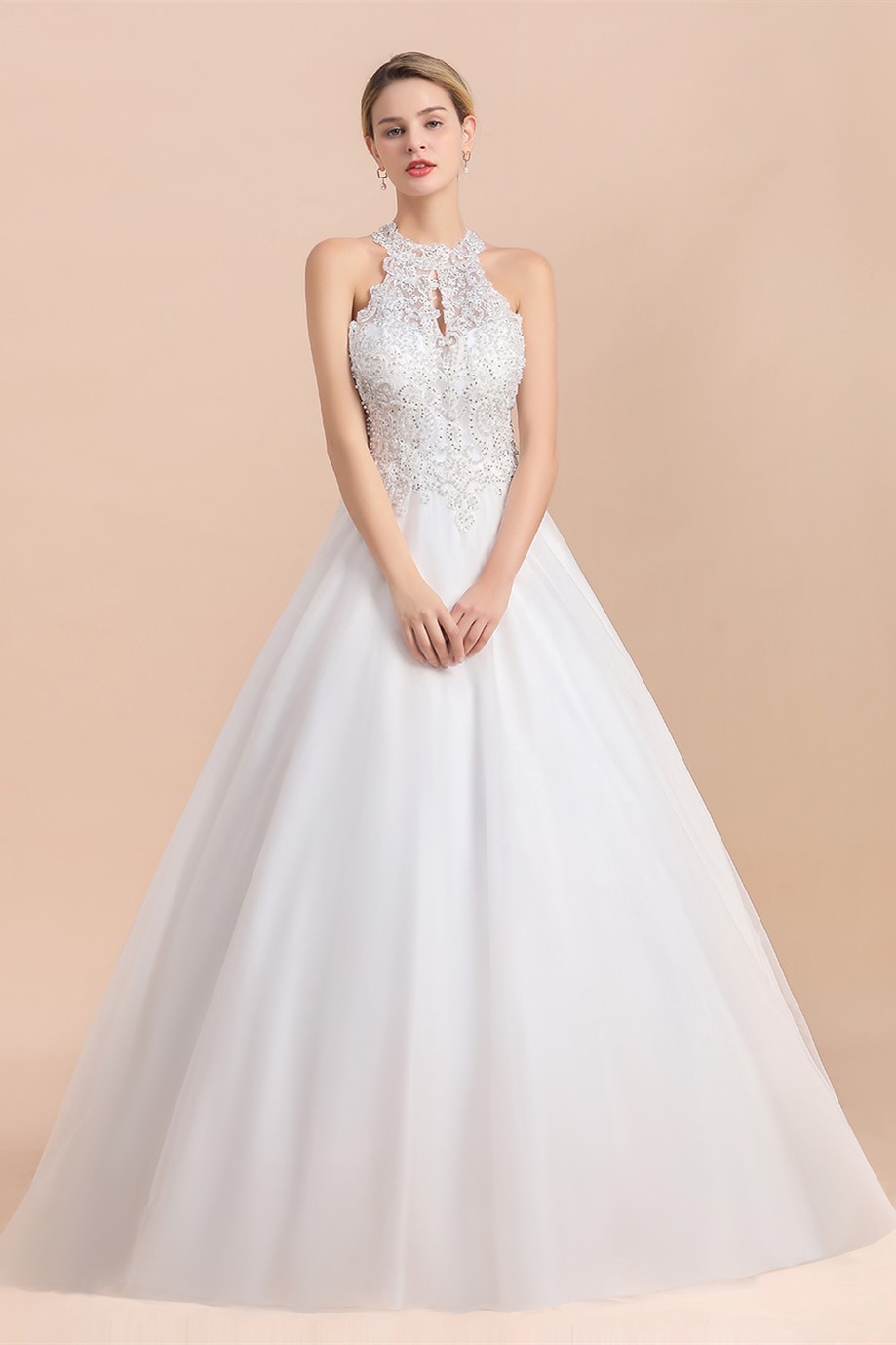 BMbridal Exquisite High-Neck Lace Wedding Dress Appliques Sequins Sleeveless Bridal Gowns On Sale-BMbridal