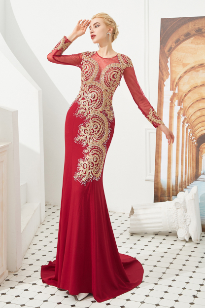 BMbridal Burgundy Long Sleeve Mermaid Prom Dress With Gold Appliques Online