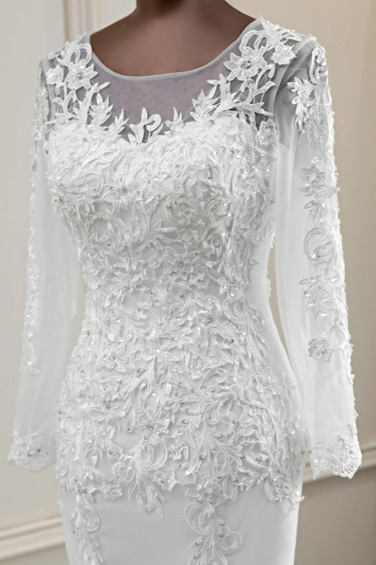 BMbridal Elegant Jewel Lace Mermaid White Wedding Dresses Long Sleeves Appliques Bridal Gowns