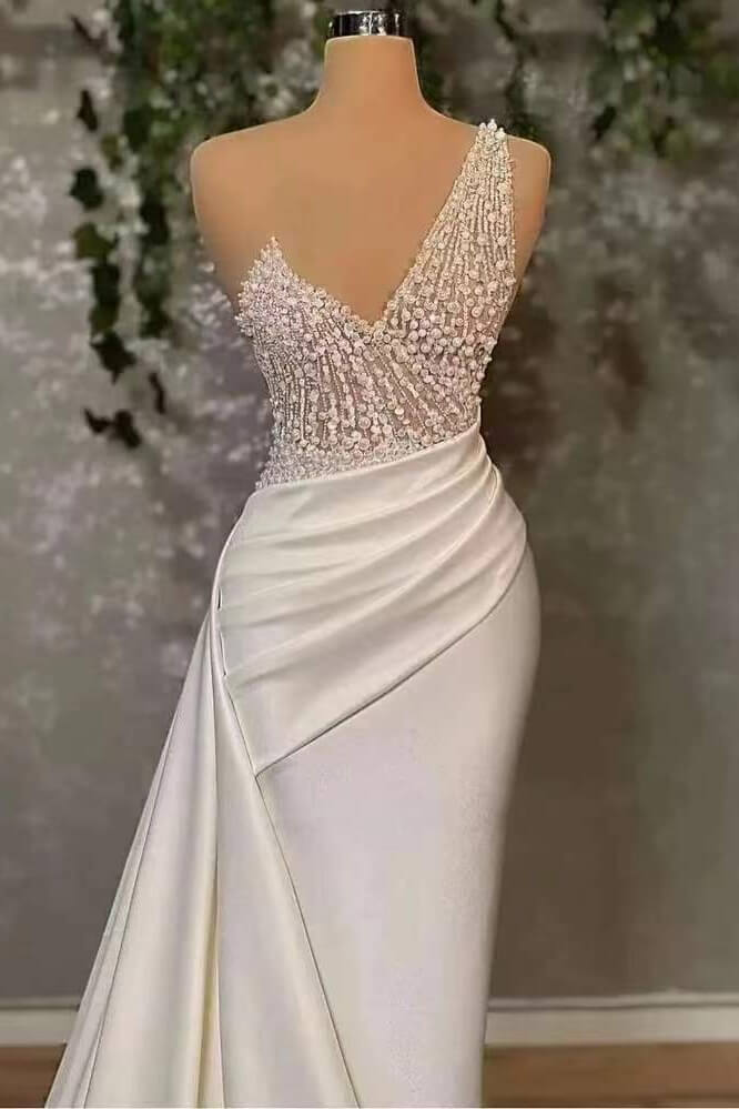 Ivory Elegant One Shoulder Sleeveless Prom Dress Mermaid Appliques With Ruffles