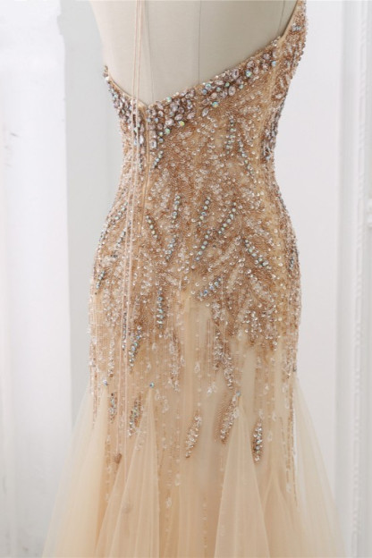 BMbridal Elegant Tulle Halter Rhinestones Mermaid Prom Dresses Sleeveless Appliques Online