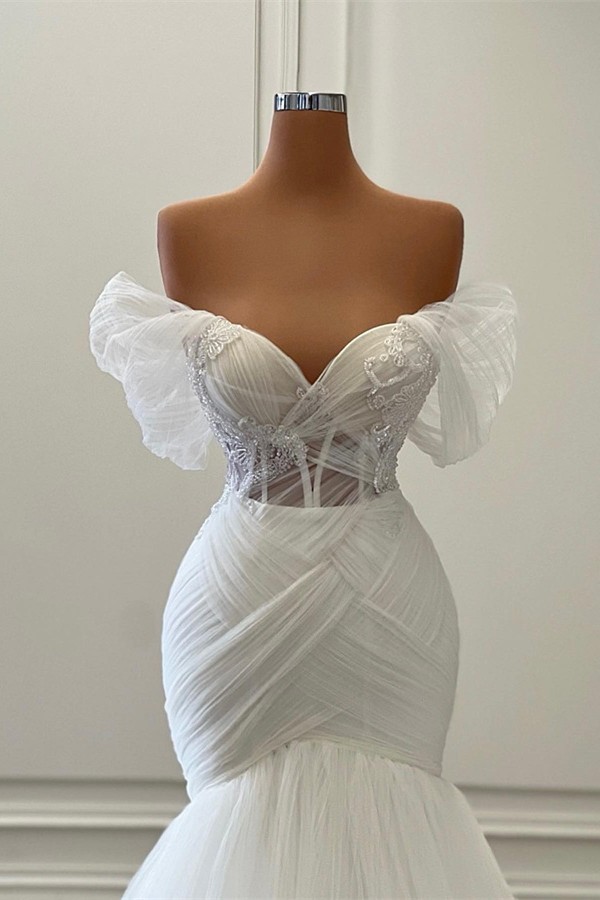 Bmbridal Off-the-Shoulder Tulle Wedding Dress Mermaid Long-BMbridal