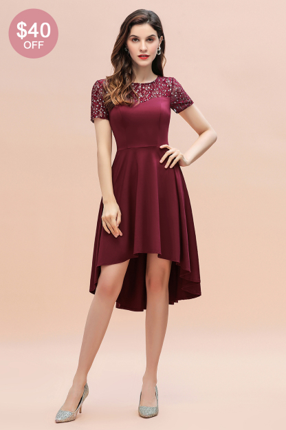 BMbridal Lovely Jewel Satin Sequins Bridesmaid Dress Short Sleeve Burgundy Cocktail Dress