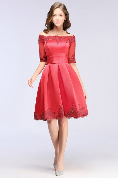 BMbridal Chic Half Sleeve Lace-up Off-shoulder Lace Appliques Short Prom Dress