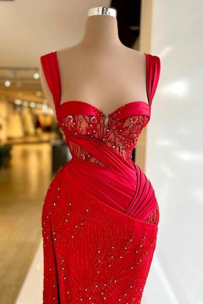 Chic Mermaid Floor-Length Sweetheart Sleeveless Split Front Satin Lace Prom Dresses with Beads