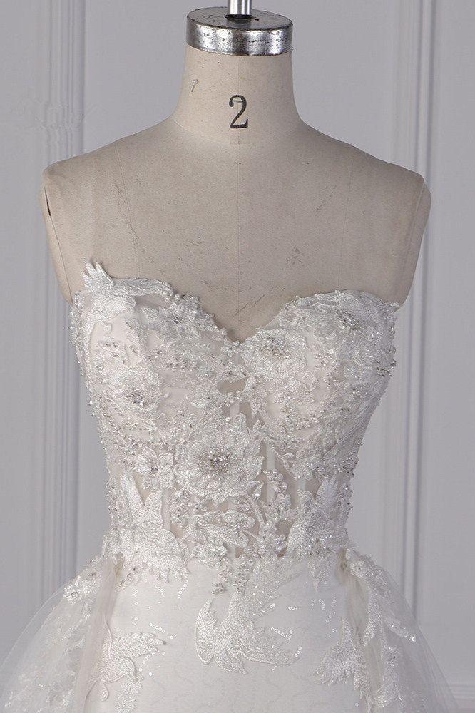 BMbridal Stylish Strapless Tulle Lace Wedding Dress Sweetheart Appliques Bridal Gowns with Overskirt On Sale-BMbridal