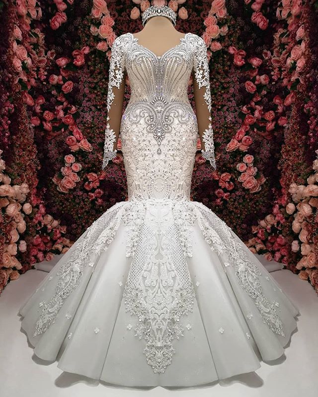 BMbridal Sexy V-neck Longsleeves Lace Wedding Dresses With Appliques White Mermaid Bridal Gowns Online-BMbridal