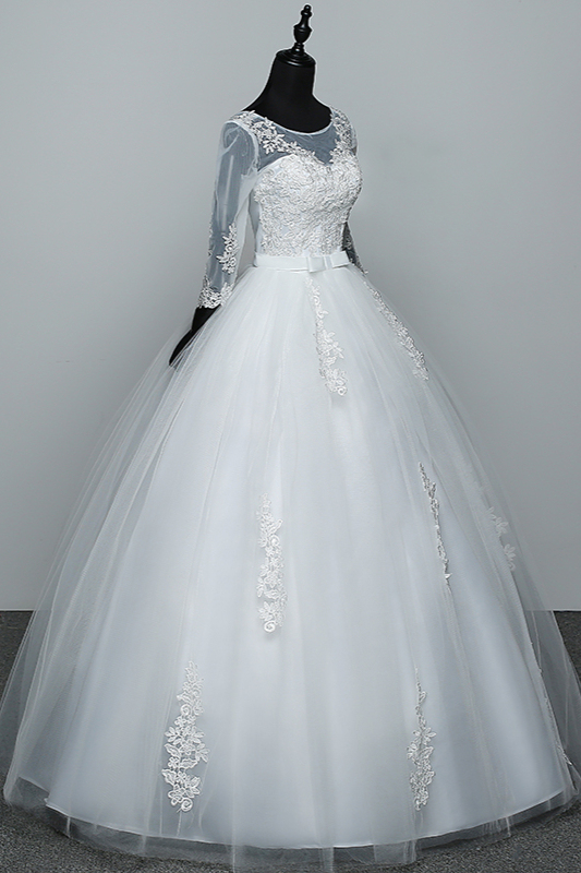 BMbridal Gorgeous Jewel Tulle Lace White Wedding Dresses 3/4 Sleeves Appliques Bridal Gowns On Sale