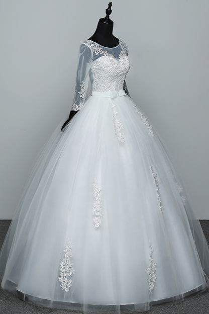 BMbridal Gorgeous Jewel Tulle Lace White Wedding Dresses 3/4 Sleeves Appliques Bridal Gowns On Sale