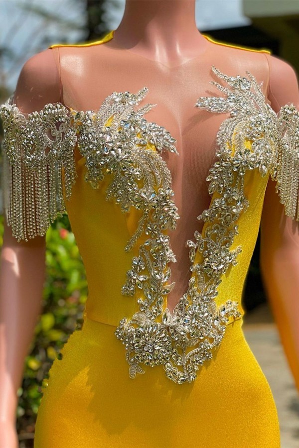Bmbridal Yellow Off-the-Shoulder Prom Dress Mermaid With Appliques Tassels