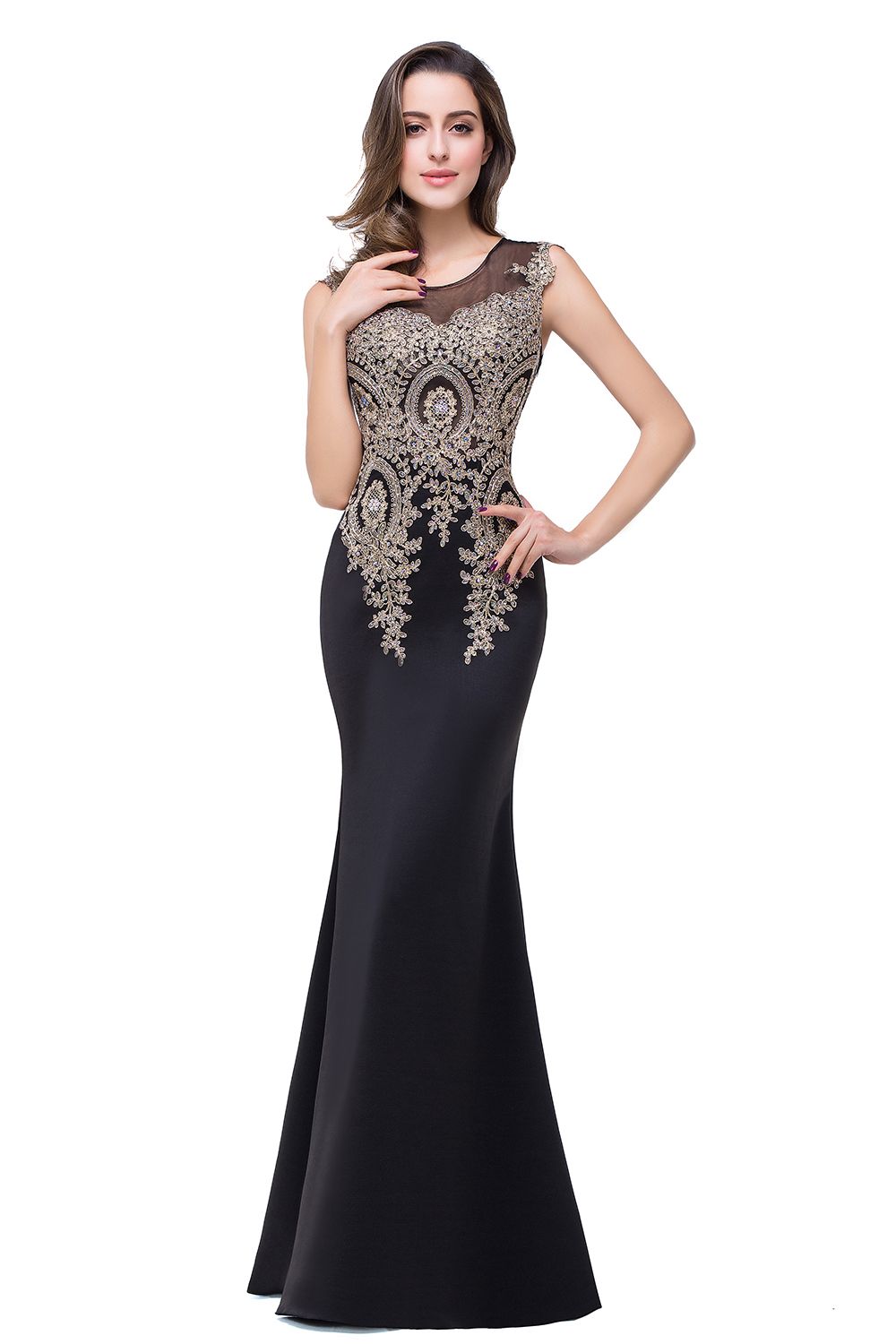 BMbridal Black Mermaid Long Prom Dress With Lace Appliques