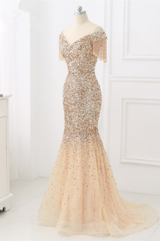 BMbridal Luxury Off-the-Shoulder Sequins Burgundy Mermaid Prom Dresses with Tassels
