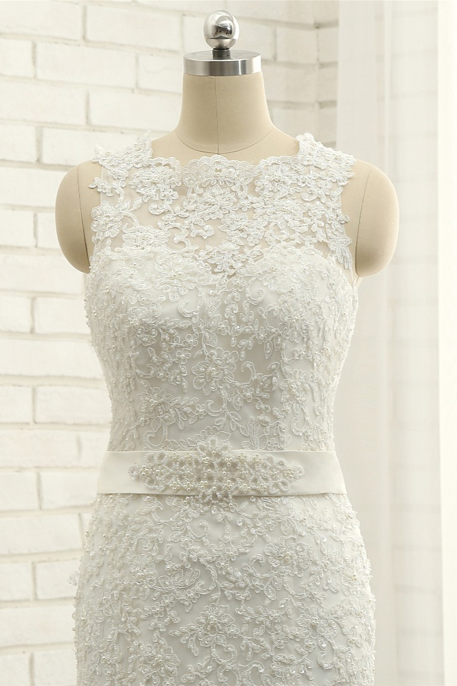 BMbridal Stylish Jewel Sleeveless Mermaid Wedding Dresses White Lace Bridal Gowns With Appliques On Sale-BMbridal