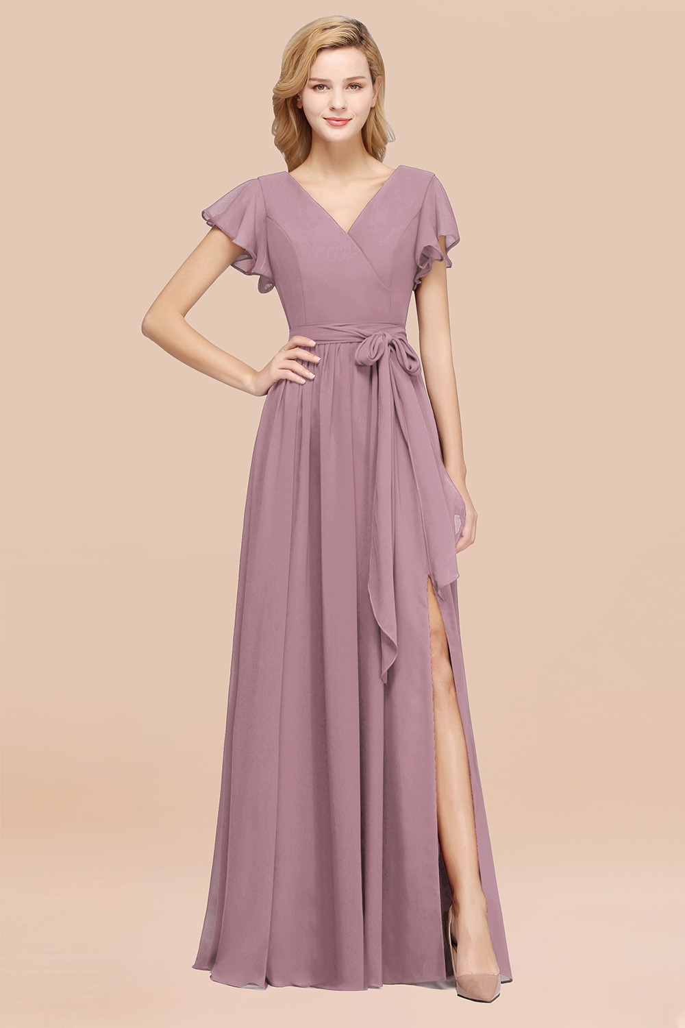 BMbridal Burgundy V-Neck Long Bridesmaid Dress With Short-Sleeves-BMbridal
