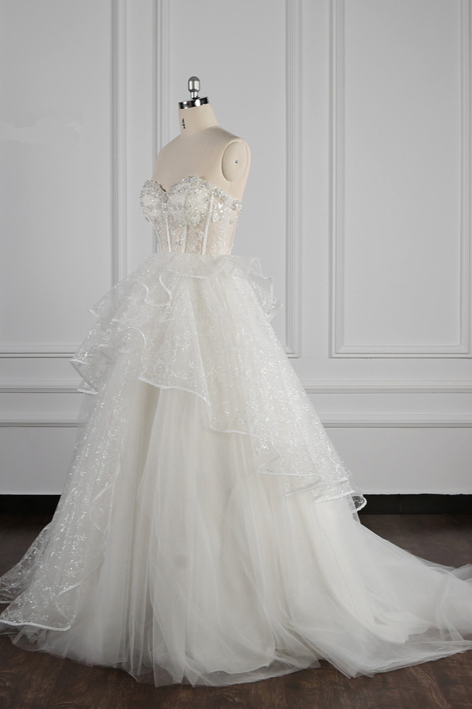 BMbridal Glamorous Ball Gown Strapless Beadings Wedding Dress Sequined Layers Tulle Bridal Gowns On Sale-BMbridal