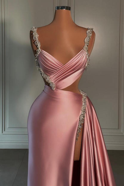 Chic Pink Sheath Slit Long Prom Dress Sleeveless With Beads