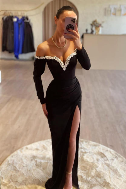 Gorgeous Off-the-Shoulder Slit Black Prom Dress Long Sleeves With pearls