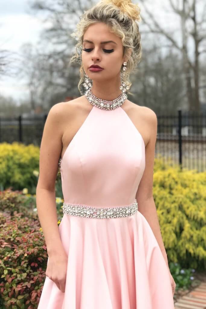 Bmbridal Pink Halter Sleeveless Prom Dress Long With Crystals
