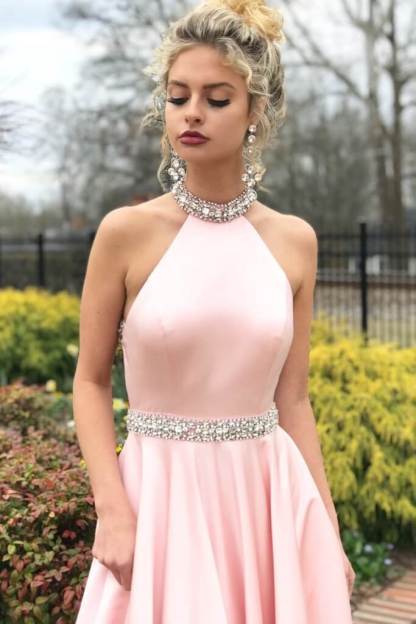 Bmbridal Pink Halter Sleeveless Prom Dress Long With Crystals