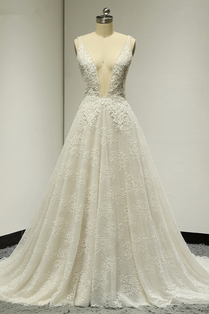 BMbridal Sexy Tulle Deep-V-Neck Lace Wedding Dress Sleeveless Appliques Pearls Bridal Gowns On Sale-BMbridal