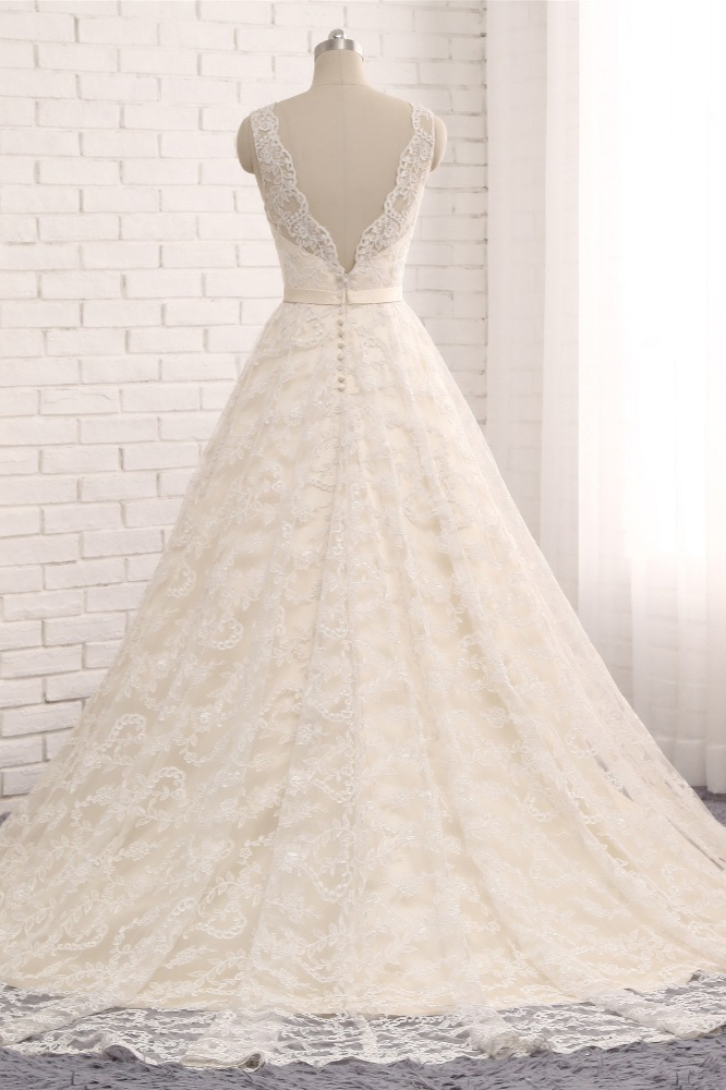 BMbridal Chic Champagne Jewel Sleeveless Wedding Dresses A-line Lace Bridal Gowns With Appliques On Sale-BMbridal