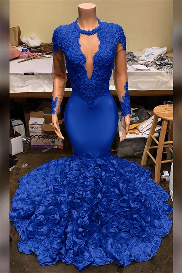 Elegant Mermaid V Neck Prom Dress Appliques Long Sleeves With Flowers Bottom