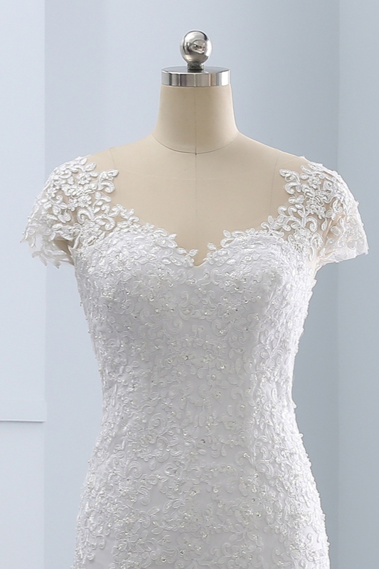 BMbridal Chic Jewel Mermaid Tulle Lace Wedding Dress Short-Sleeves Beadings Appliques Bridal Gowns On Sale-BMbridal