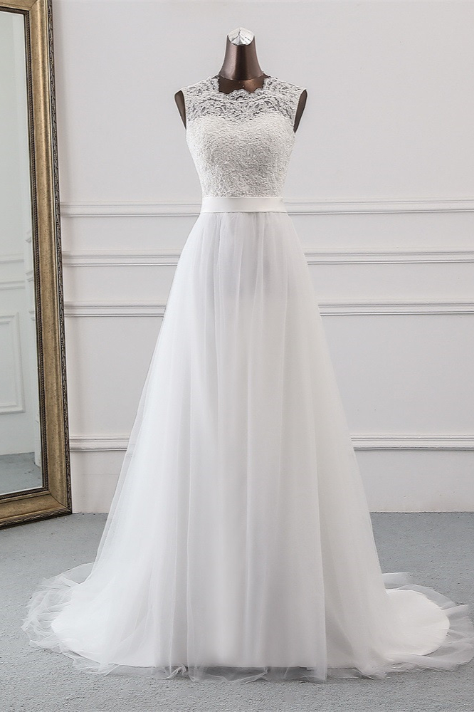 Classic Tulle Long A-Line Jewel Wedding Dress with Appliques Lace