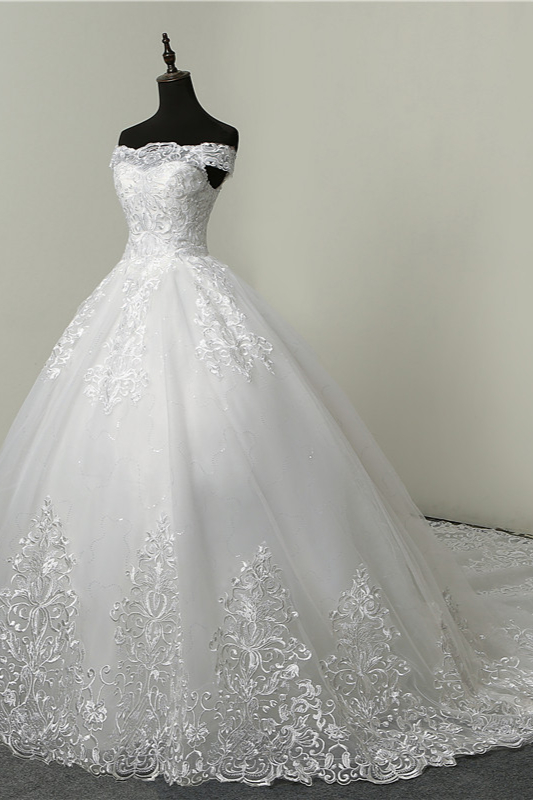 BMbridal Ball Gown White Tulle Sleeveless Wedding Dresses Off-the-Shoulder Lace Appliques Bridal Gowns-BMbridal