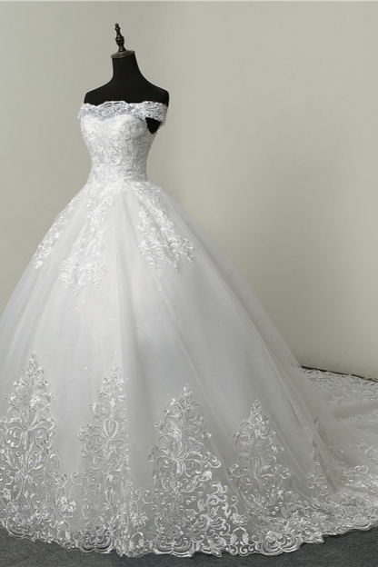 BMbridal Ball Gown White Tulle Sleeveless Wedding Dresses Off-the-Shoulder Lace Appliques Bridal Gowns-BMbridal