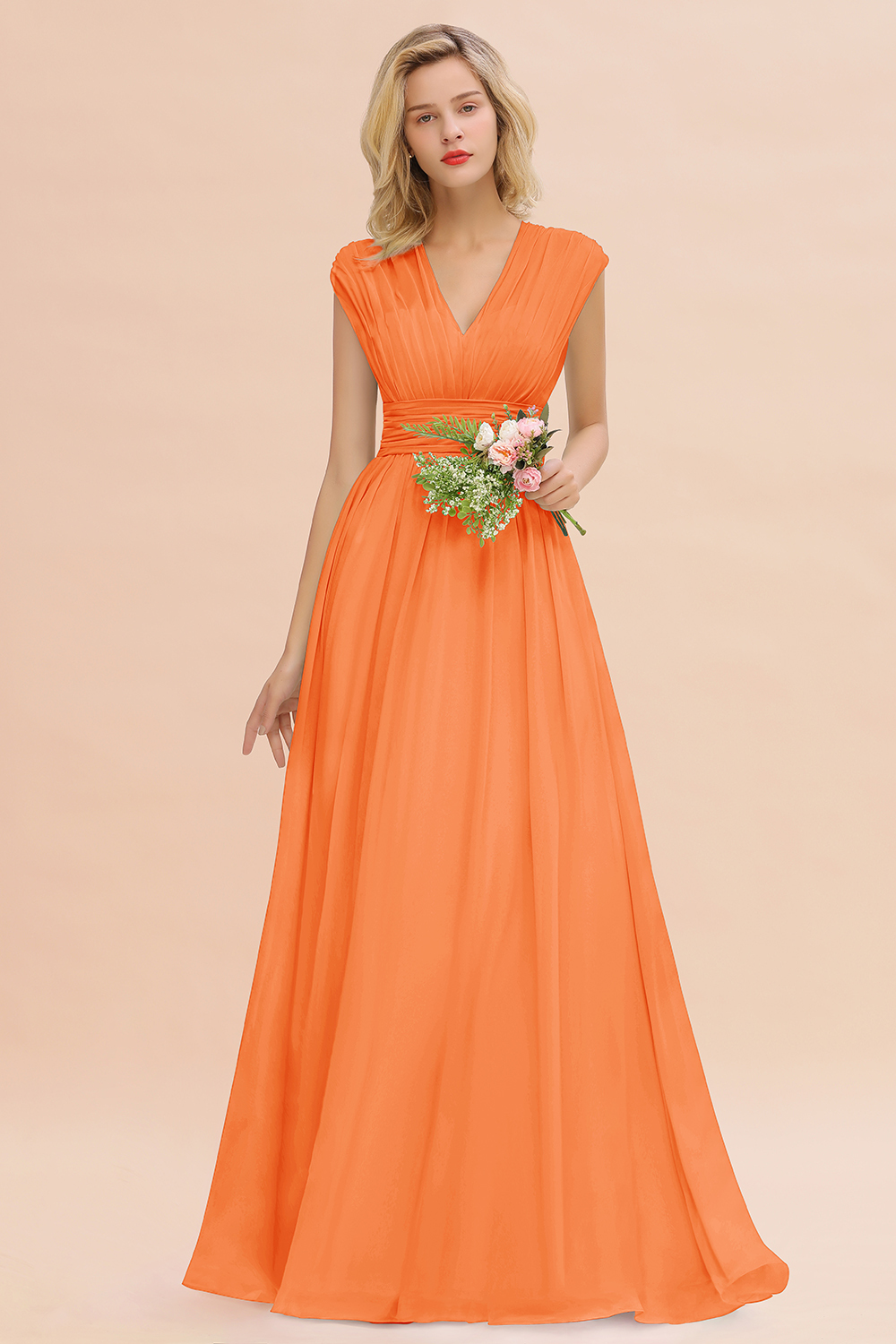BMbridal Elegant Chiffon V-Neck Ruffle Long Bridesmaid Dresses Affordable-BMbridal