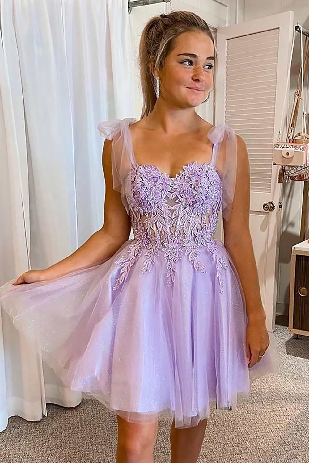 Purple Corset A-Line Tulle Short Homecoming Dress with Lace-BMbridal